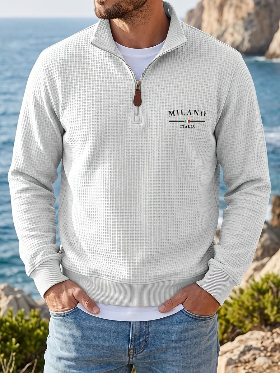 Men's Casual Half-Zip Sweatshirt, Waffle Knit Fabric, Comfortable and Breathable, Versatile for Spring and Autumn, Suitable for Outings and Vacations, an Essential for Daily Wear - White