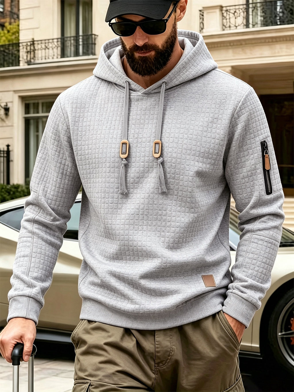 2pcs Men'S Checkered Hooded Sweatshirts, Long Sleeve Pullover Tops, Regular Fit Knit Fabric, with Zippered Pockets, Soft Stretch Knit Sweater, Lightweight Casual, Suitable for Spring Fall Travel Streetwear - Navy Blue+Light Grey