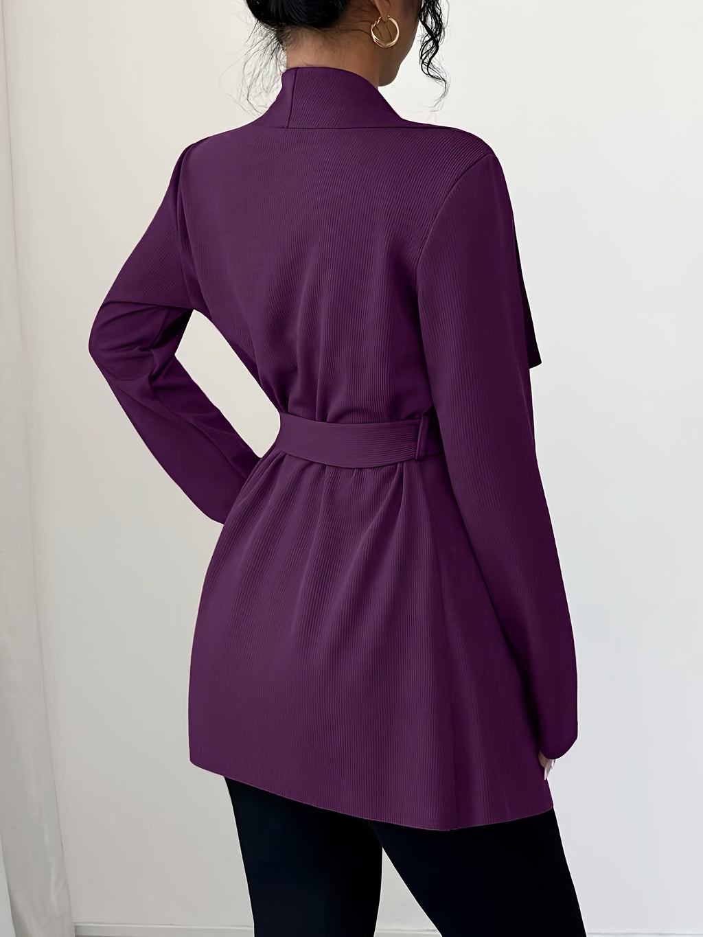 New Women's Spring/Autumn Elegant and Fashionable Commuter Long-Sleeve Textured Lapel Cardigan with Belted Waist, Thin Outerwear - Deep Purple
