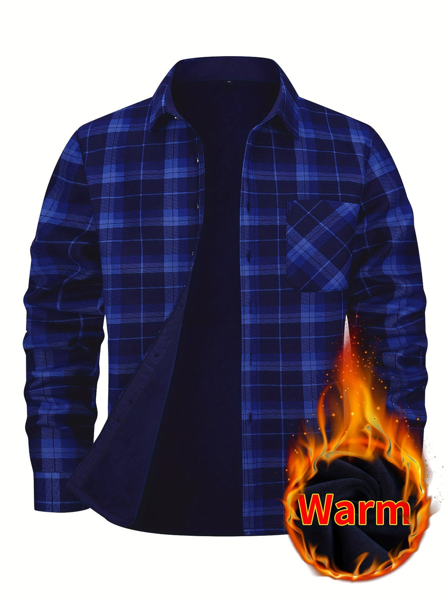 2026 Men's Plaid Shirt - Color Block Design, Brushed Lining, Warm Winter Flannel (Casual & Outdoor) Color Block Lining, Cold Weather Flannel for Outdoor Bold Color Block, Brushed Interior, Urban Style - Peacock Blue