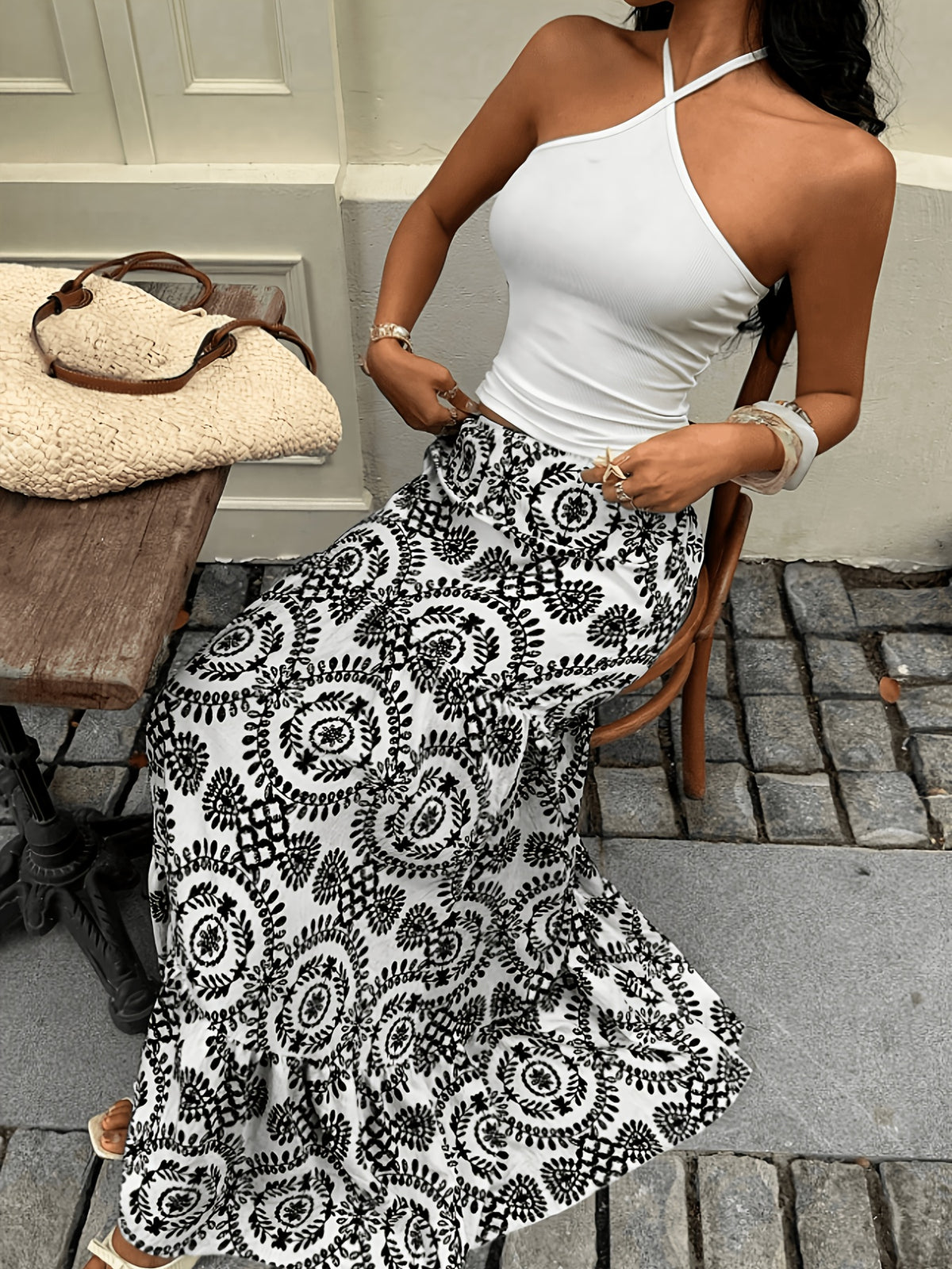 Women'S Casual Vacation All-Over Print Skirt - Black
