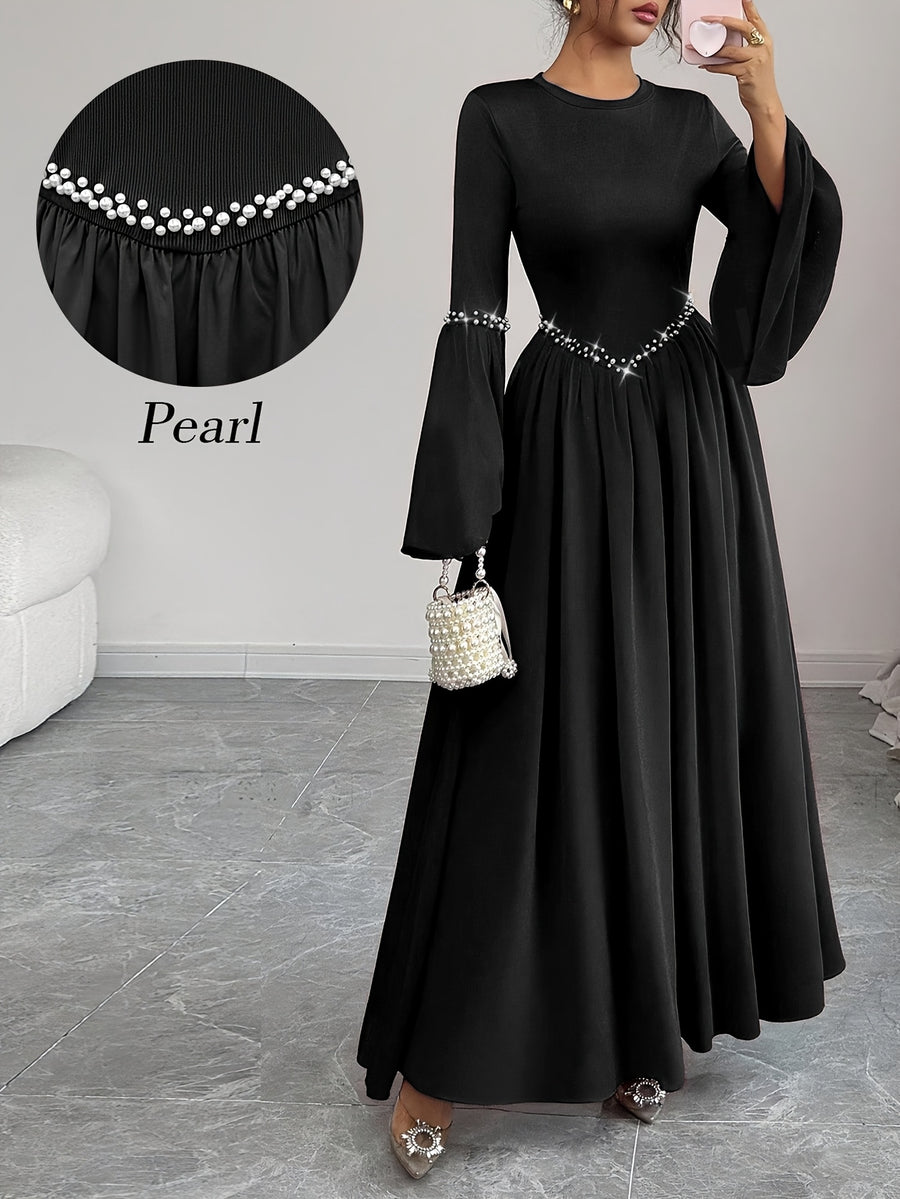 Women'S Elegant Long Sleeve Flared Waist-Cinching A-Line Dress with Pearl Round Neck - Black