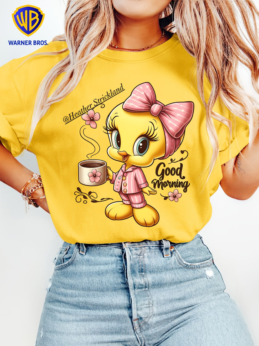 Women'S Elegant Short Sleeve, Cui Di Good Morning Morning Coffee Style Print, Soft Stretch Round Neck Casual Retro Style Top, Warner Bros. Licensed, Suitable for Spring Summer Autumn Daily And Vacation Wear, S-XXL Size - Yellow