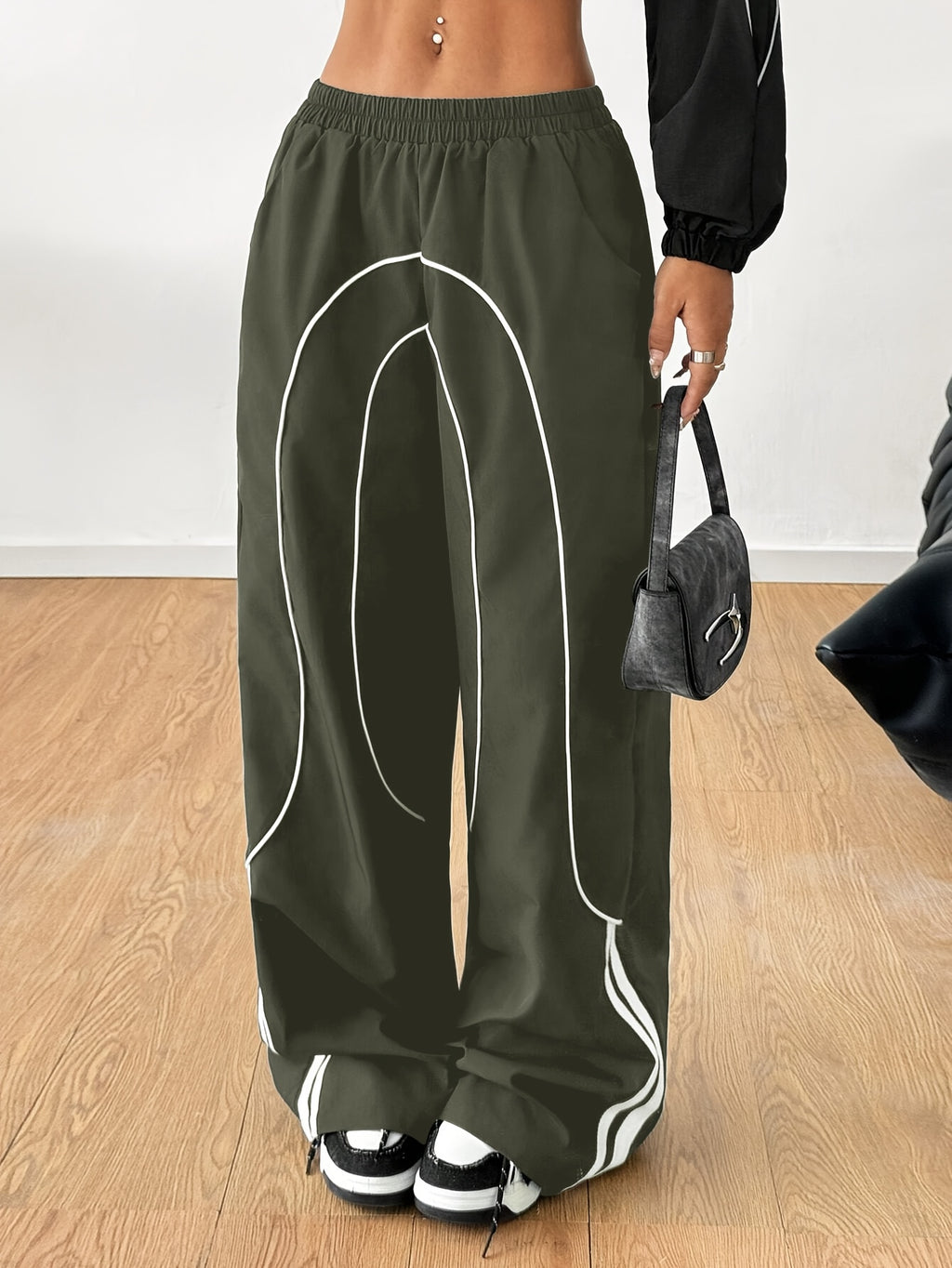 Women's Fashion Y2K Streetwear Wide-Leg Pants with Side Tie Design, Hip-Hop Joggers, Elastic Waist Wide-Leg Pants, Casual Swear, Harem Pants - Army Green
