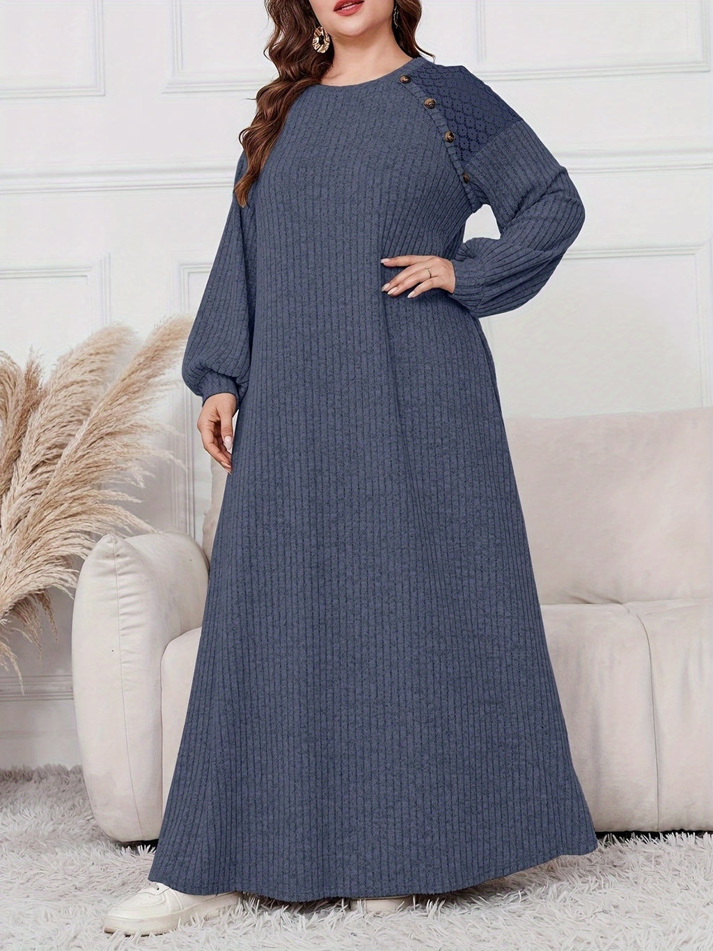 Plus Size, Women's Plus Size Elegant Maxi Dress - Long Sleeve Round Neck H-Line Dress with Wide Hems, All-Season -Length Gown for Weddings, Parties & Casual Attire, Machine Washable (Middle East Collection) - In Stock - Navy Color