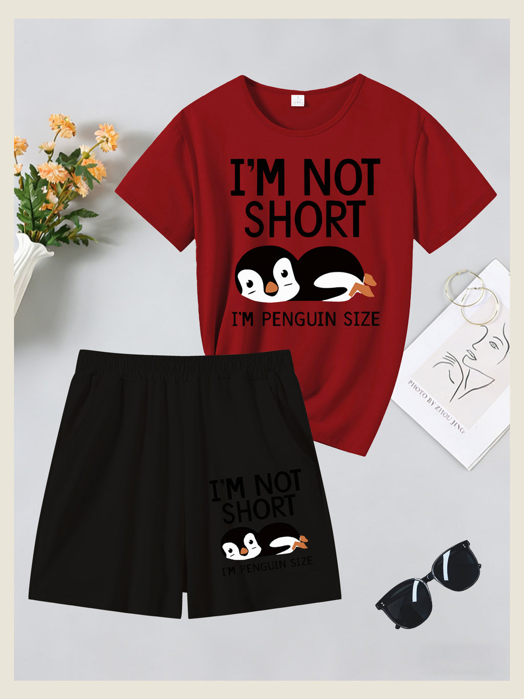 2pcs Women'S Summer Short Sleeve Set - I'M NOT SHORT Fun Penguin Print Short Sleeve And Shorts Outfit, Comfortable, Soft, Breathable Sportswear for Daily Wear, Suitable For, Campus, Valentine'S Day, Women'S Pajamas, Jogging, Fitness - Red+Black