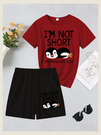 2pcs Women'S Summer Short Sleeve Set - I'M NOT SHORT Fun Penguin Print Short Sleeve And Shorts Outfit, Comfortable, Soft, Breathable Sportswear for Daily Wear, Suitable For, Campus, Valentine'S Day, Women'S Pajamas, Jogging, Fitness - Red+Black