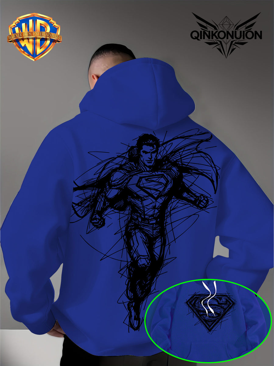 Warner Official Men'S Hooded Sweatshirt, Featuring Sketch Lines, Superhuman Flight, Dynamic And Cool Print Design, Machine Washable, Warm And Casual for Autumn And Winter, Daily Drawstring Hoodie, Multifunctional Sports And Casual Loose Fit - Blue
