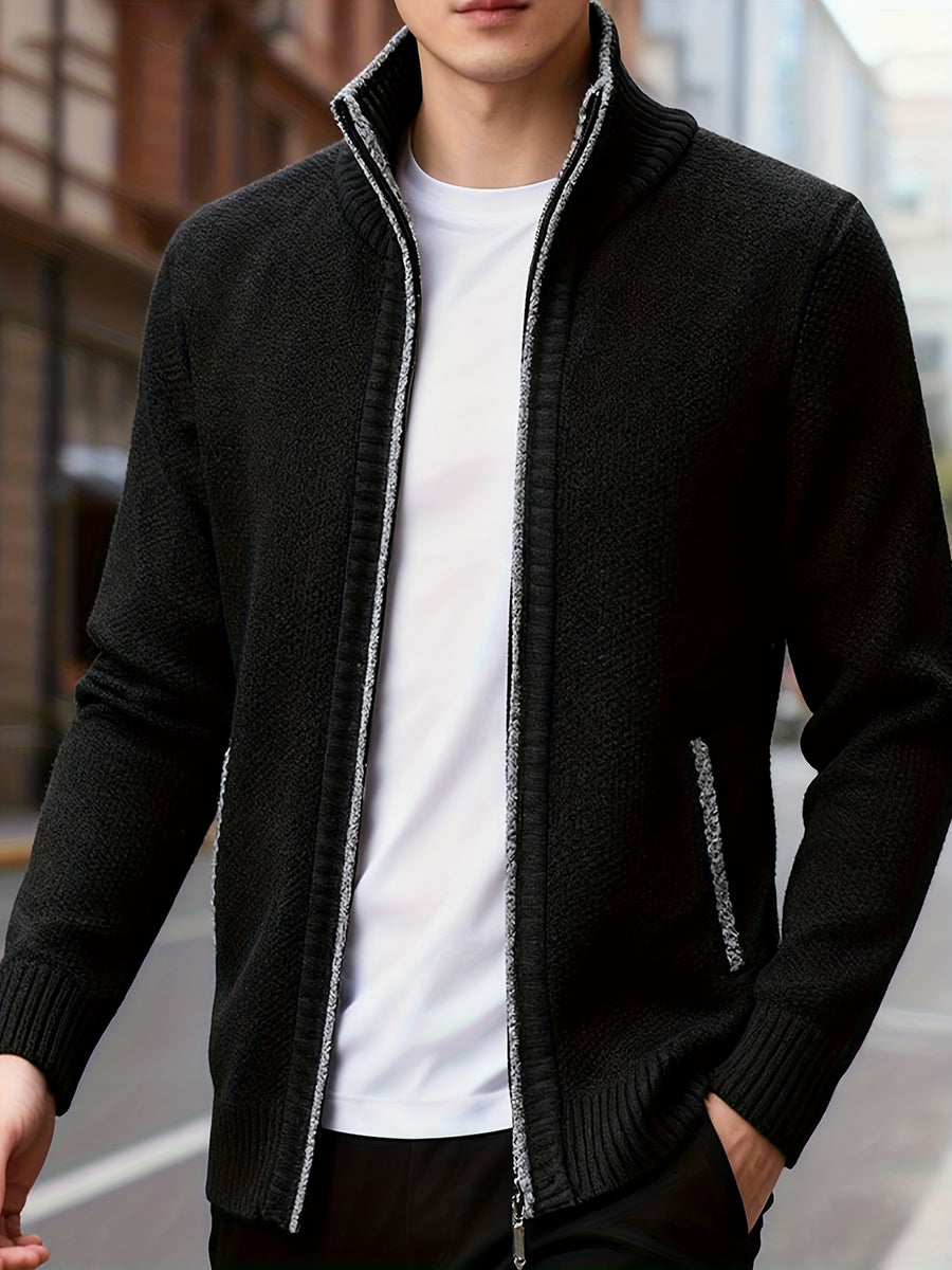 1pc Men's Knitted Cardigan Stand up Collar Jacket with Multiple Colors to Choose From, Simple and Stylish Design, Easy to Match with Shirt/T-shirt, Perfect for Commuting and Leisure, Showcasing Elegant Temperament (only One Jacket) - Black