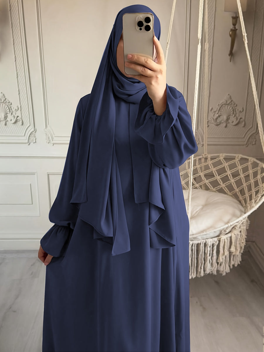 1pc Fashionable, Elegant and Casual One-piece Solid-colored Bellows Sleeve Suitable for Daily Wear. Loose and Comfortable Women's Abaya Robe.abayas for Women Muslim Kleider Damen Abaya for Women Stylish Khimar Ladies Abaya - Navy Color