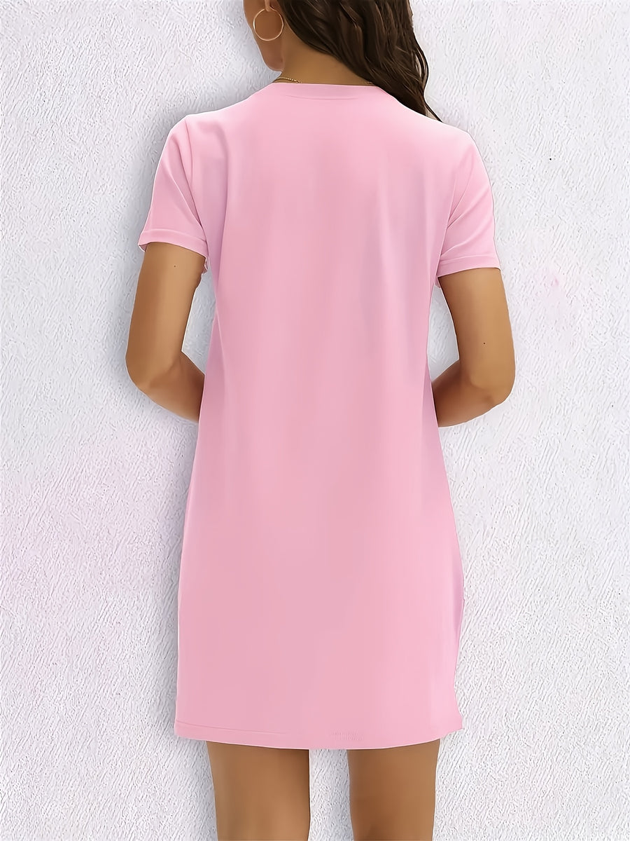 Women's Dress - Spring/Summer Extended T-Shirt - Casual Fashion Printed Round Neck Loose Dress, Women's Top, Multi-Scene Wear, Casual Vacation Style - pink color