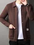 [Whale-Crossing Lan OBM] 1pc Autumn/Winter New Men'S Knit Cardigan, Old Money Style Solid Color Lapel Pocket Button-Front Single-Breasted Cardigan Men'S Business Casual Fashion Button-Front Knit Top, Suitable for Spring, Autumn, Winter Outerwear - Coffee Color