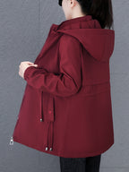 Women'S Fall Winter Fleece-Lined Thick Trench Coat, Warm Top Outerwear for Autumn Winter Season, Drawstring Waist Design, Elastic Windproof Cuffs, Easy Comfortable Lightweight Coat - Burgundy