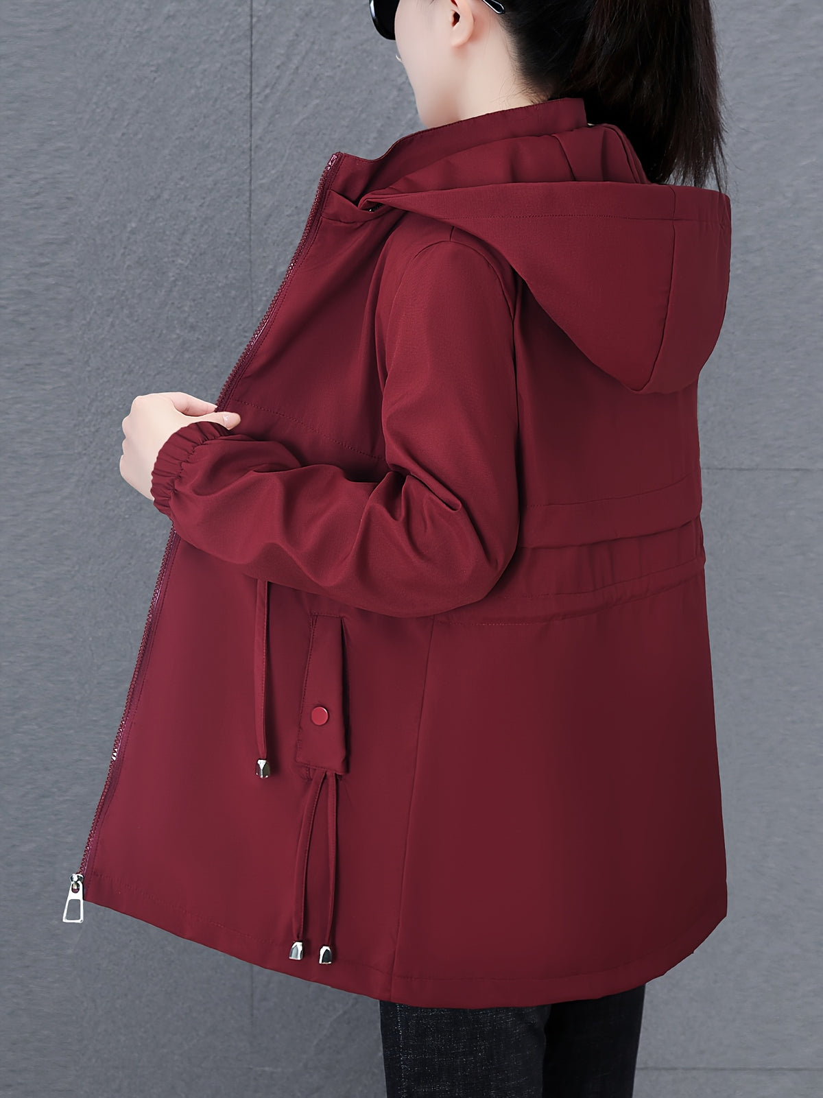 Women'S Fall Winter Fleece-Lined Thick Trench Coat, Warm Top Outerwear for Autumn Winter Season, Drawstring Waist Design, Elastic Windproof Cuffs, Easy Comfortable Lightweight Coat - Burgundy