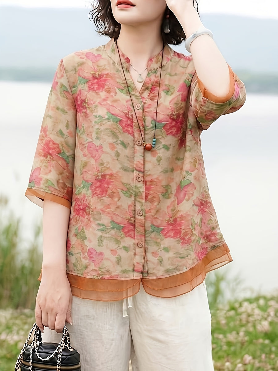 Women'S Printed Stand-Up Collar Mid-Sleeve Shirt, Spring And Summer Casual Versatile Cardigan Top - Red