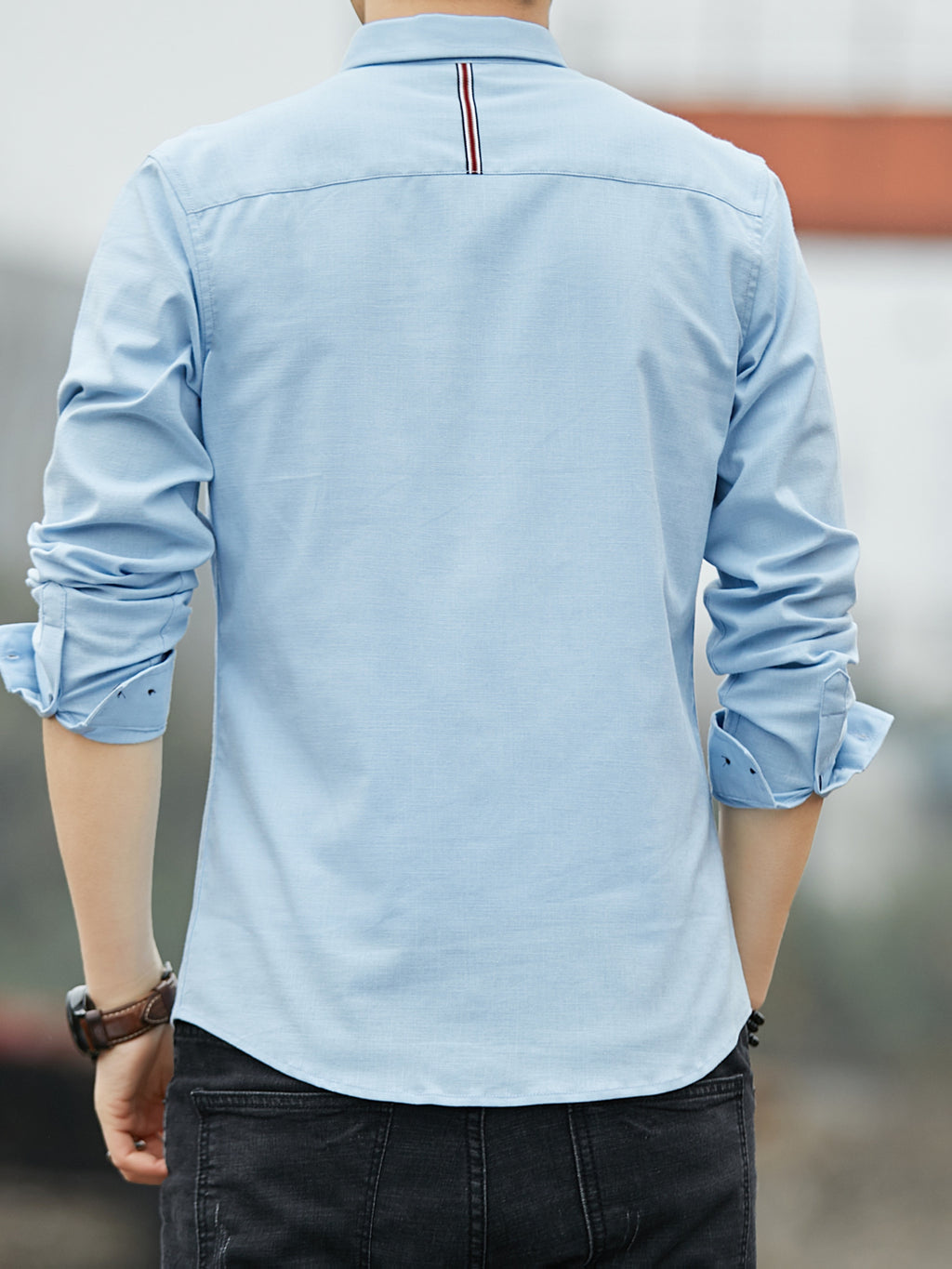 Men'S Casual Shirt, Spring/Autumn Style Linen-Like Collar Long Sleeve Versatile Solid Color Shirt, Minimalist Letter Print on Chest, Slim Fit Slimming Business Casual Top, Youth Daily Commute Versatile Men'S Clothing - Light Blue