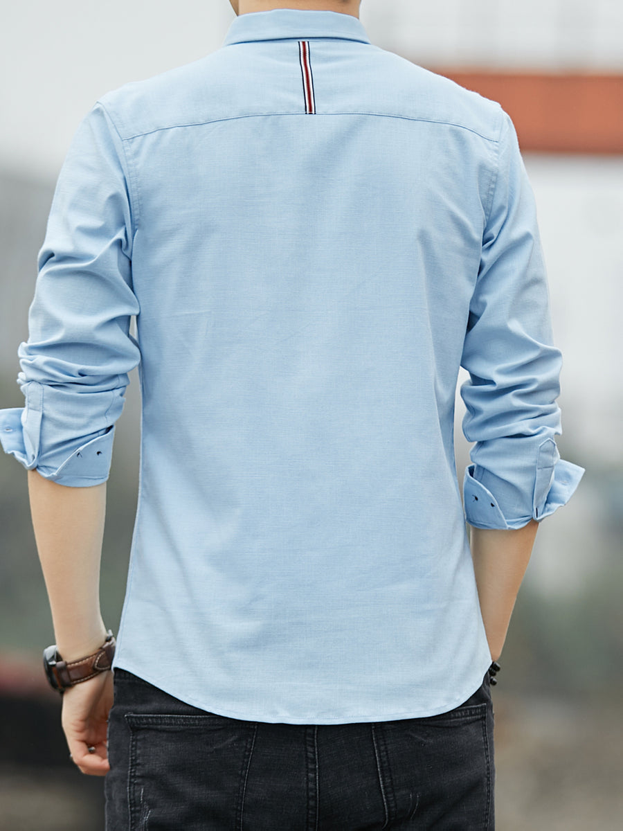 Men'S Casual Shirt, Spring/Autumn Style Linen-Like Collar Long Sleeve Versatile Solid Color Shirt, Minimalist Letter Print on Chest, Slim Fit Slimming Business Casual Top, Youth Daily Commute Versatile Men'S Clothing - Light Blue