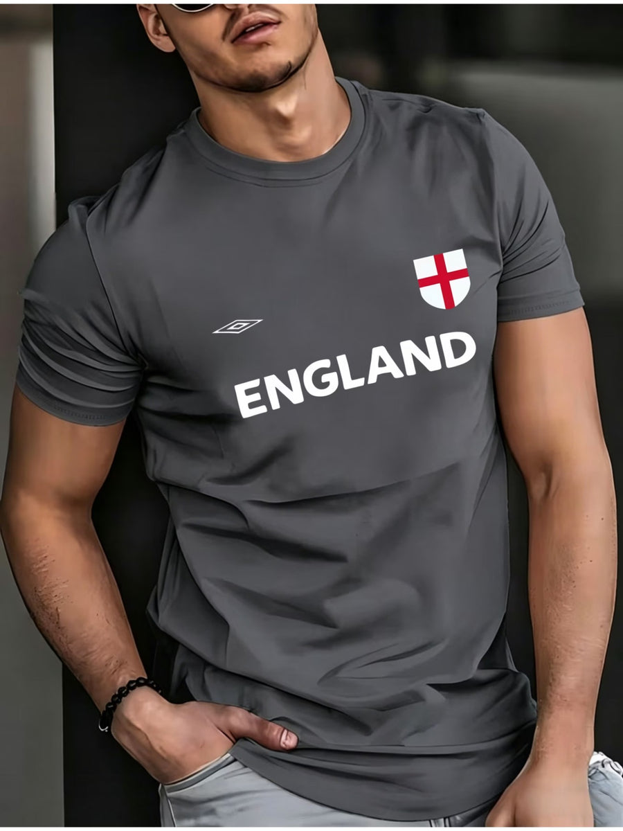 Multi-color ENGLAND Football Style Men's T-Shirt, Crew Neck Printed Casual Style, Lightweight and Breathable for Daily Sports, Versatile, Sizes S-XXXL - Grey