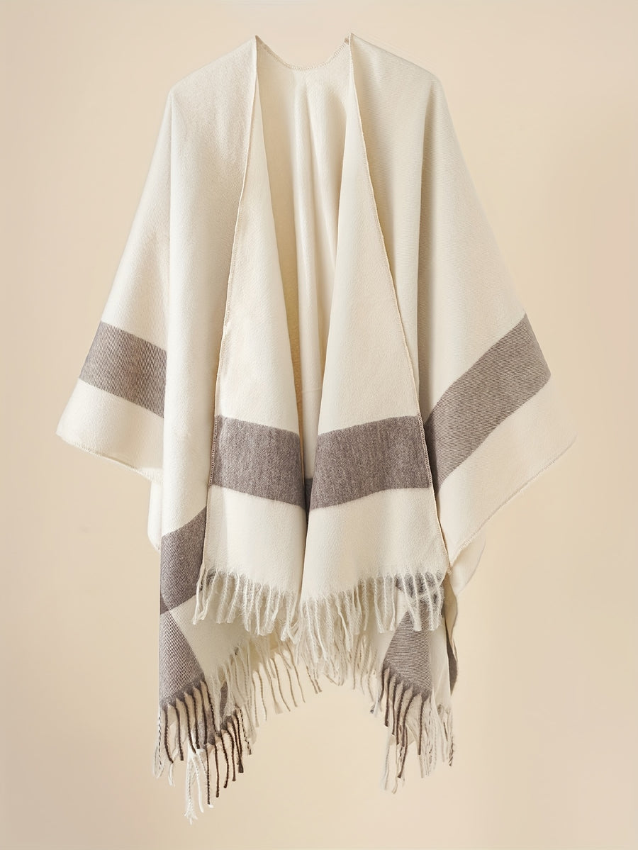 Women'S Striped Printed Cardigan Shawl, Bohemian Style Front-Open Jacket Casual Elegant Cape Sweater Suitable for Autumn Winter Evening Parties - Off-white