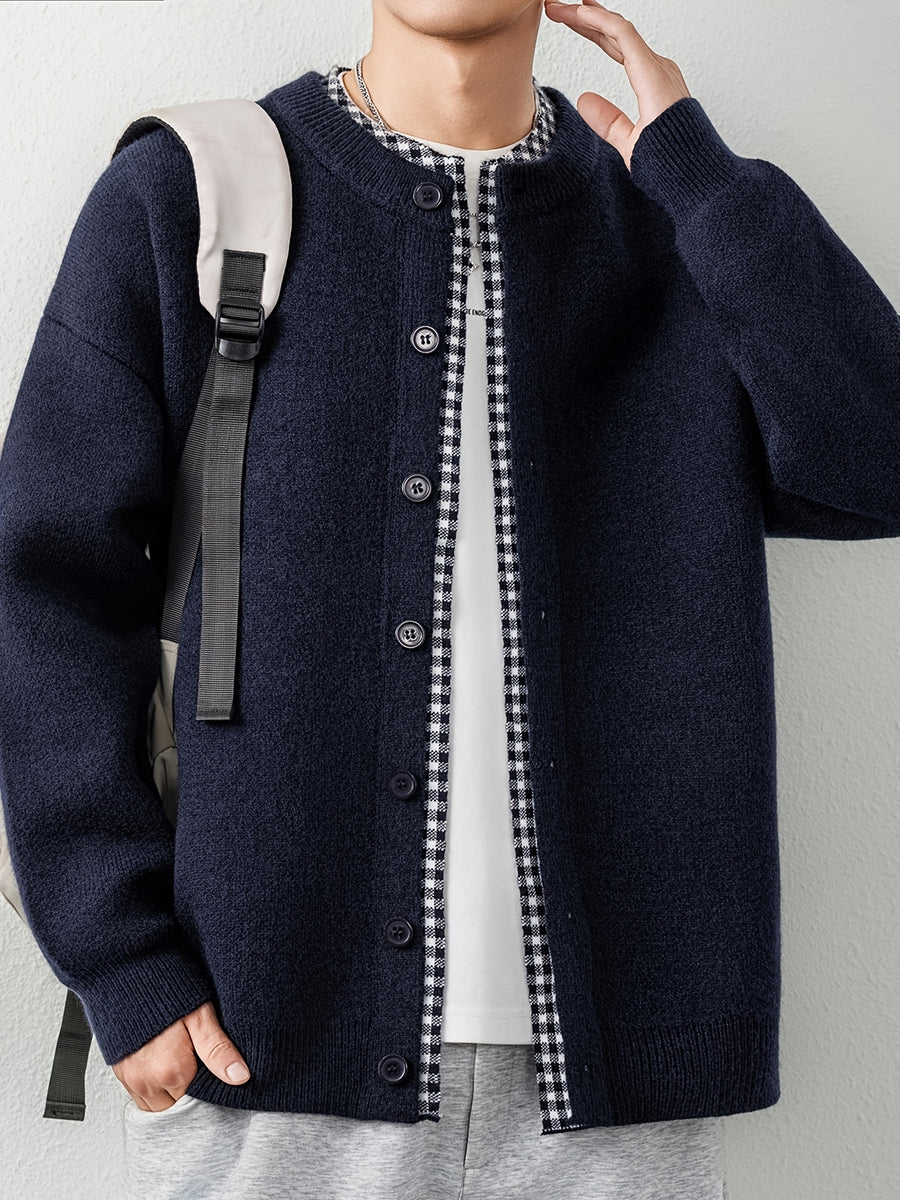[Wading Whale OBM] 1pc Autumn Winter New Men'S Knit Cardigan, Old Money Style Textured Contrast Round Neck Single Button Front Long Sleeve Sweater Vest Top, Men'S Casual Fashion, Suitable for Spring, Autumn, Winter Wear, Fits Daily Commute - Navy