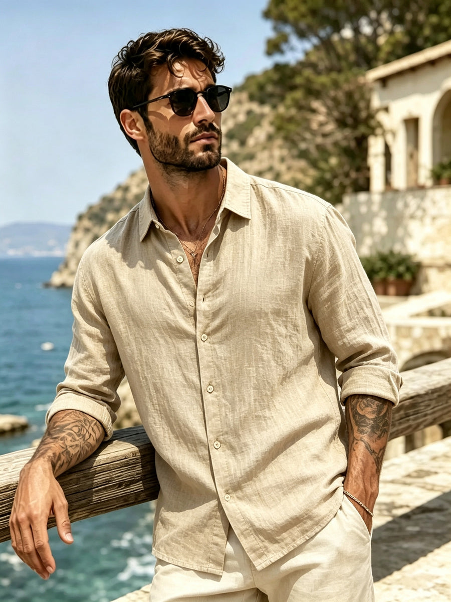 Men's Outdoor Button-Up Long Sleeve Solid Shirt for Back-to-School Season, Regular Fit Suitable for Daily Wear in Spring and Autumn - Khaki