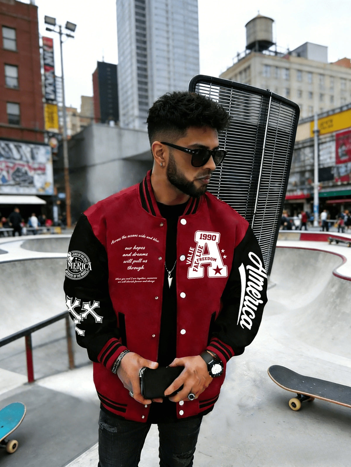 Heavy Fabric American Baseball Jacket, Durable And Non-Deforming, American Retro Street Style 1990 Large A Letter Coat - Burgundy