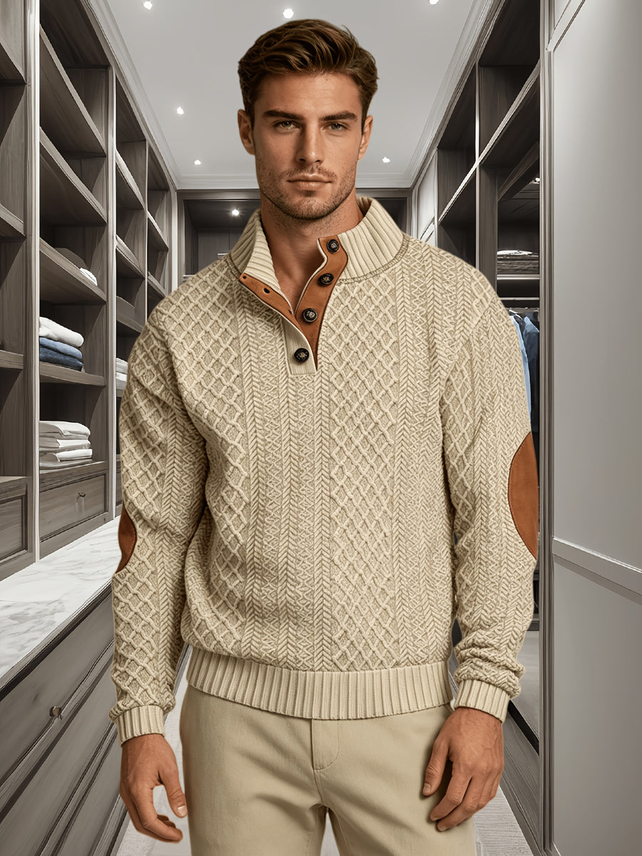 3pcs Men'S Textured Jacquard Knit Sweater Retro Casual Button-Up Stand Collar Long Sleeve Top for Autumn Winter Outing Home Versatile Basic Solid Color - Khaki 3