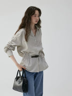Korean-style V-neck Waist-Cinching Striped Long-Sleeve Shirt for Women, and Elegant Commuter Top, 2026 New Loose Fit Versatile Style - Gray Stripes