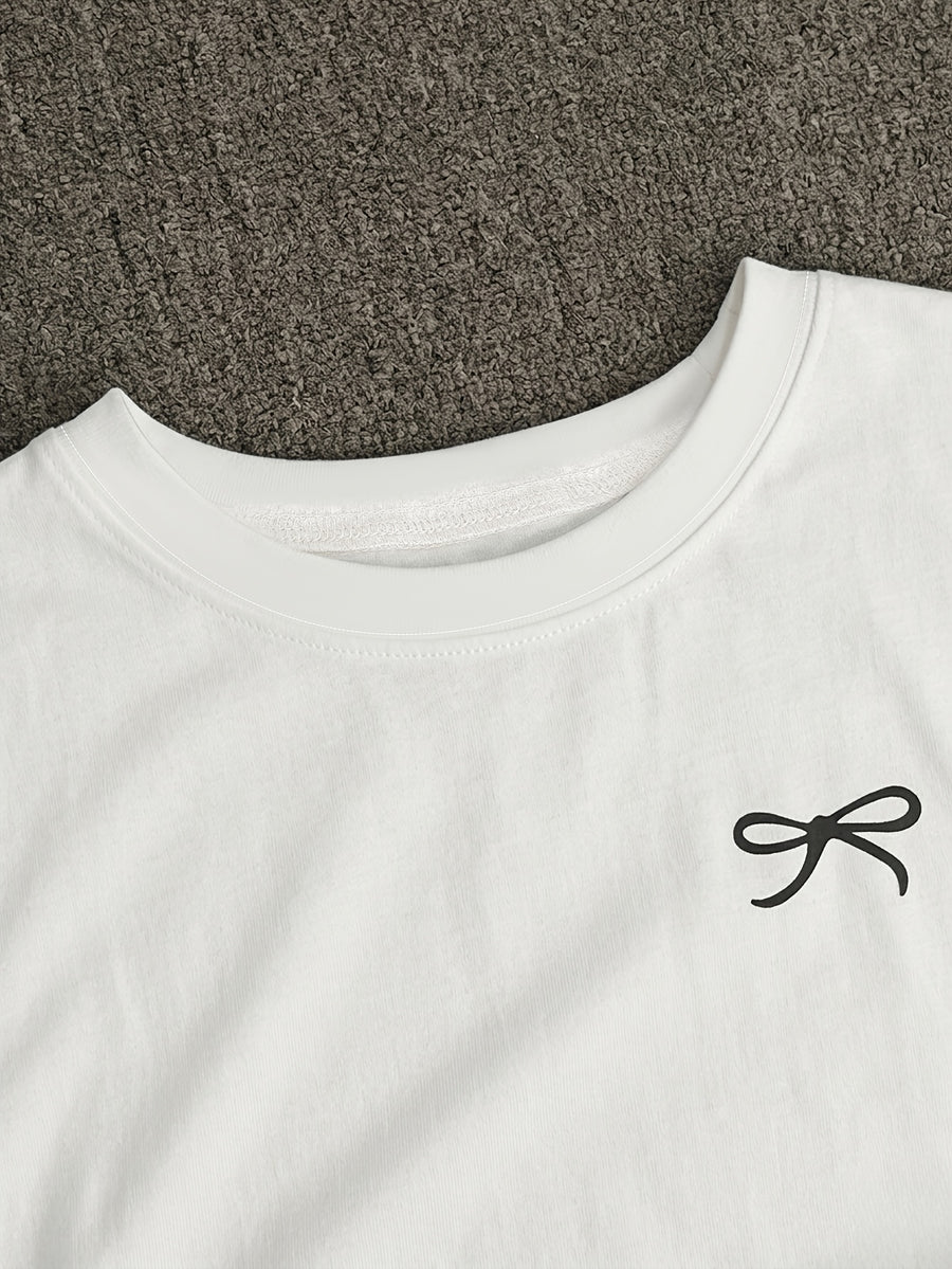 New Summer Bowknot Casual 2pcs Set for Women, Slim-Fit Short Sleeve T-Shirt + Drawstring Mini Skirt, Sweet and Spicy Style, and Versatile Swear Set - White