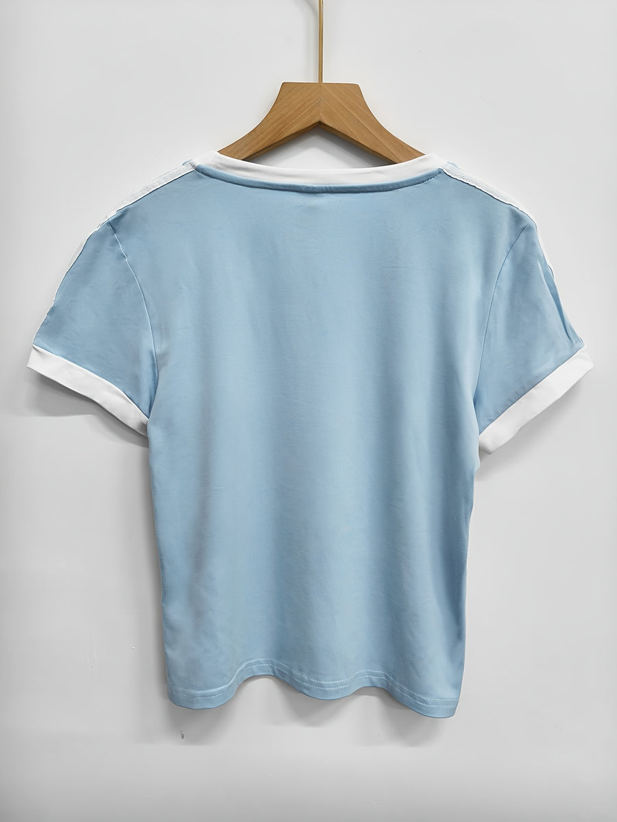 1pc Western Fashion Spring Summer Campus Style Square Shoulder Round Neck Contrast Slim Fit Women'S T-Shirt, Easy Number Pattern Women'S T-Shirt - Light Blue 1