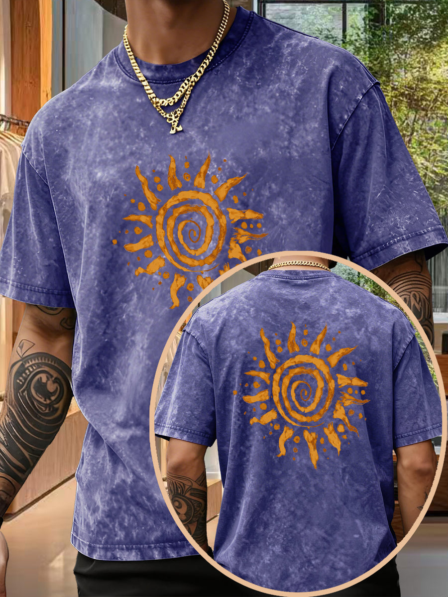 Men's Short-Sleeve T-Shirt, Pure Loose Fit Top, Trendy Reversible Double-Sided Swirl Sun Print, 12 Colors for Mix & Match, Washed Distressed American Street Style, Versatile for Daily Outings, Streetwear, Sports, Fitness, and Commuting - Royal Blue