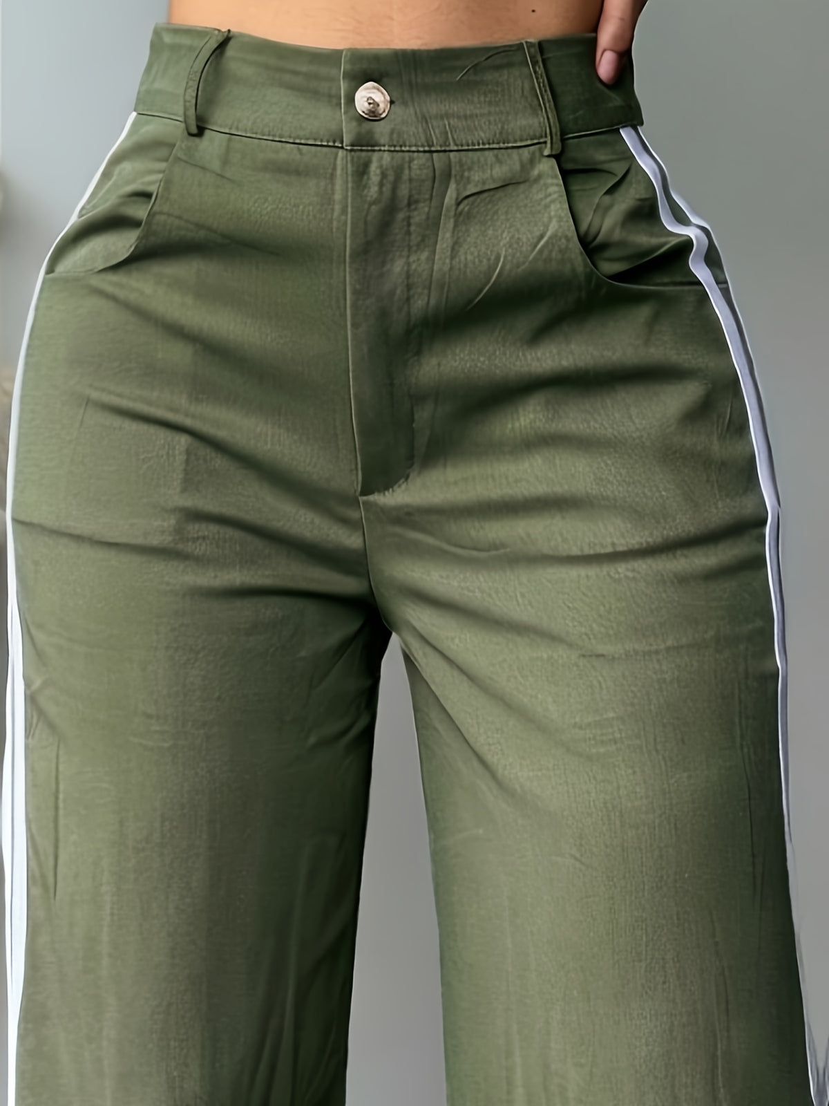 Spring and Autumn Women's Long Pants, Wide-Leg Pants with White Side Stripes, Vintage Fashionable Pants for a Tall and Look, Casual Trousers - Military Green