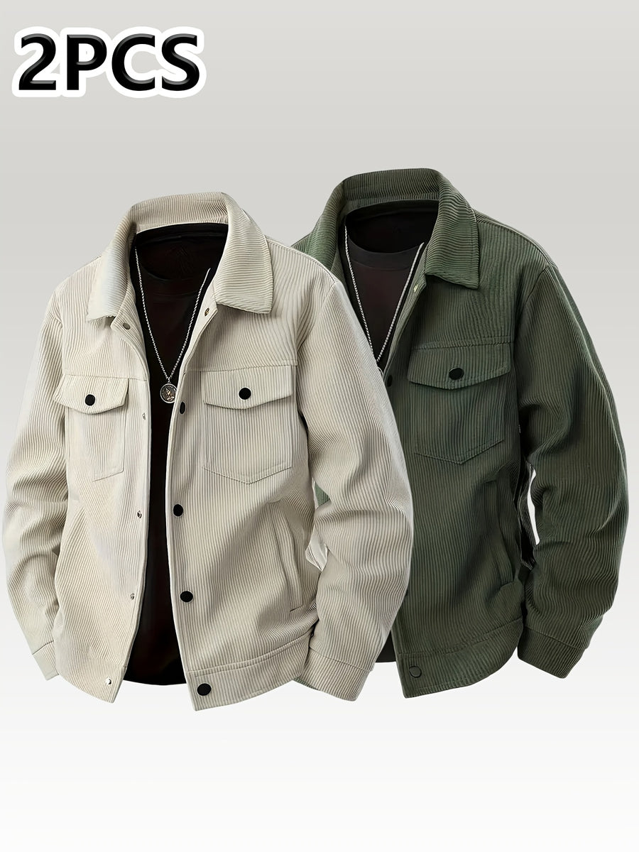 [Pearson OBM] Autumn Winter Men'S Corduroy Solid Color Casual Fashion Multi-Pocket Button-Up Jacket 2pcs Set - Khaki+Army Green