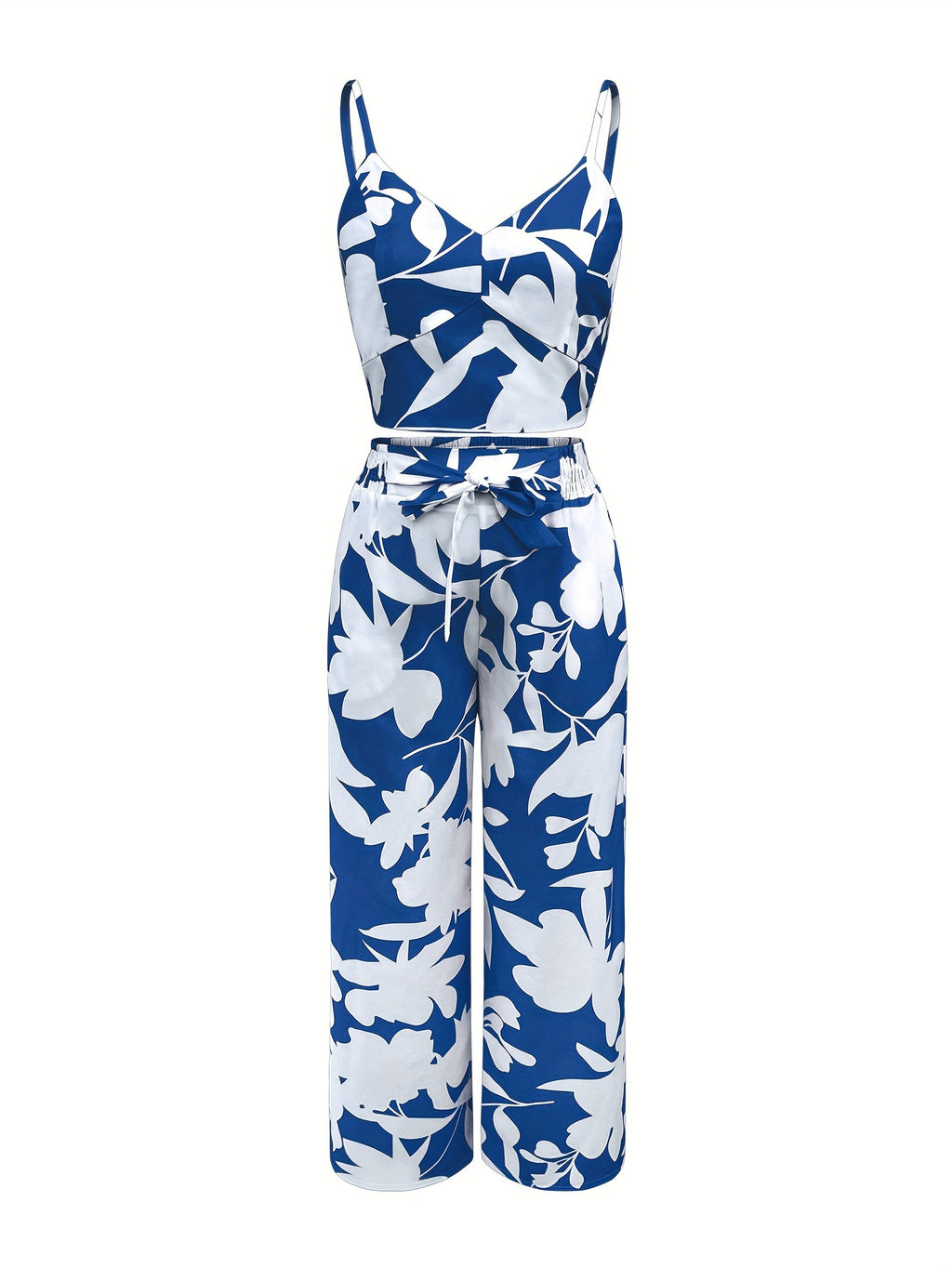 New Summer Fashion Versatile Elegant V-Neck Camisole Paired with Tie-Up Long Pants Set for Women - Blue