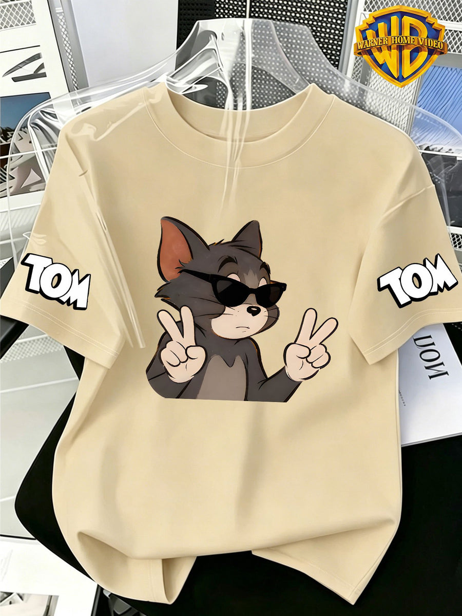 [Warner Bros] Officially Licensed Fun Cartoon Print Short Sleeve T-Shirt Trendy Anime Top, Men'S Casual Comfort Versatile Summer Short Sleeve T-Shirt - Apricot