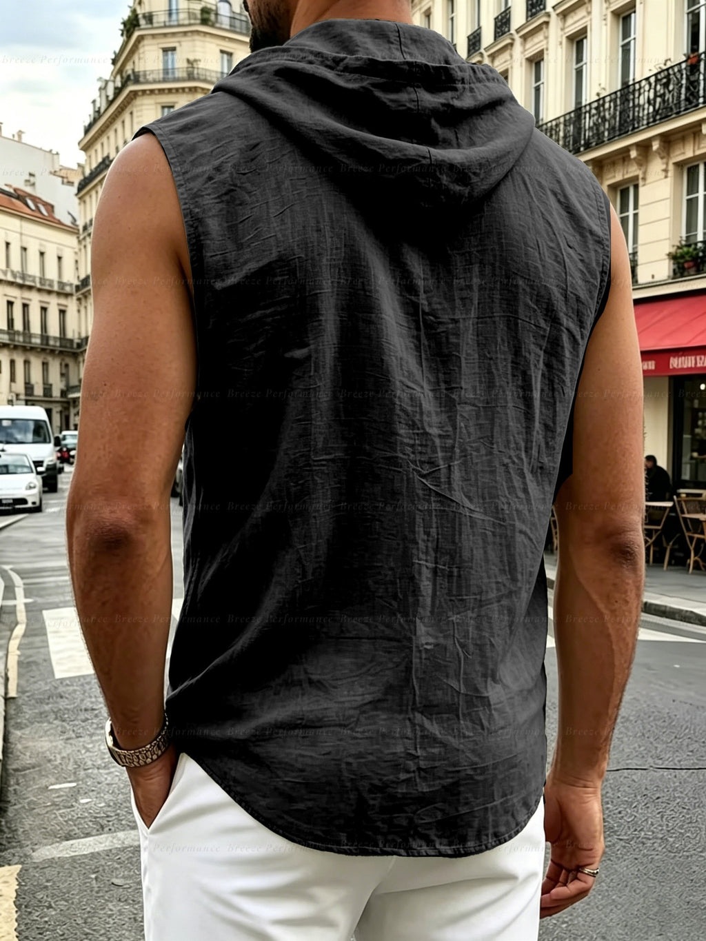 Pearson OBM Men's Sleeveless Hooded Shirt, Upgraded Textured Comfortable and Breathable Fabric Hooded Vest, Men's Linen Fashion Hoodie, Summer Top Casual and Lightweight with Button and Drawstring, Suitable for Outdoor Activities, Beach, and Coast - MT Black