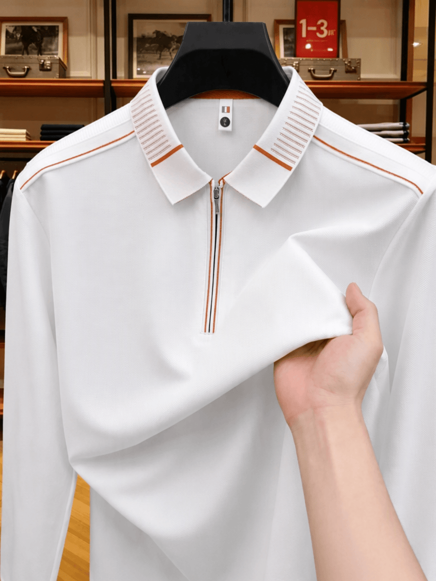 Men'S Clothing Golf Fishing Tennis Sports Solid Color Long Sleeve Lapel Polo Shirt New Long Sleeve T-Shirt Men Half Zip Seamless Polo Shirt Business Menswear Spring Autumn Casual Top Zip Lapel Tee Loose Daily Wear for Middle-Aged Men - White