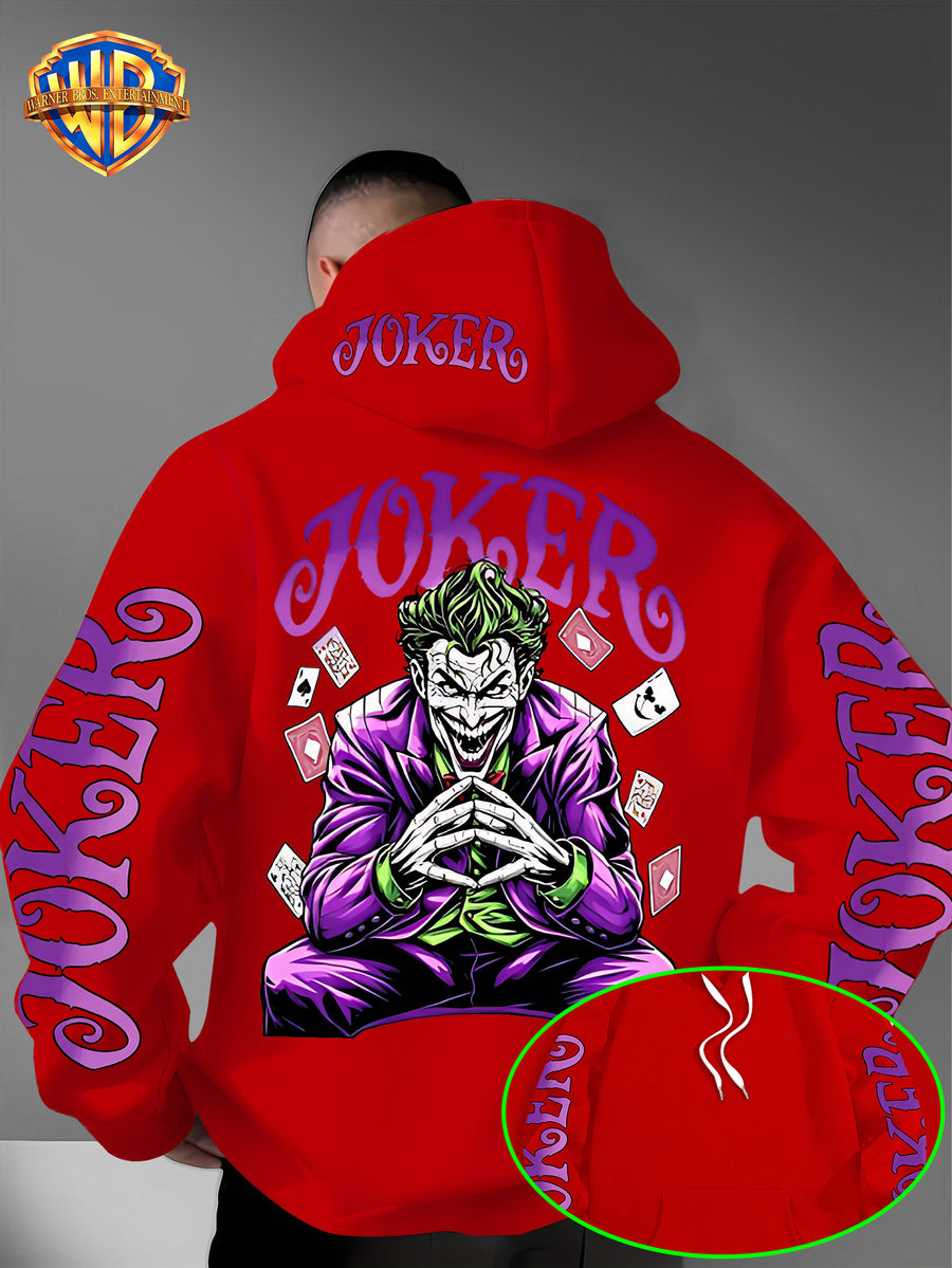 Warner Bros. Fashion Poker Joker Print, Hat Design Pattern, Multi-functional Street Style Men's Hooded Sweatshirt, Comfortable and Casual, Suitable for Autumn and Winter Wear - Red