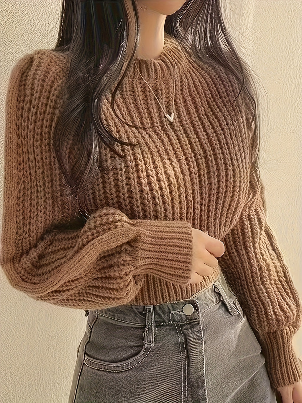 Sweater Women'S Round Neck Design Cable Texture Loose Long Sleeve Textured Three-Dimensional Interpretation Easy Cool Wear Atmosphere All-Match Top Pullover - Brown