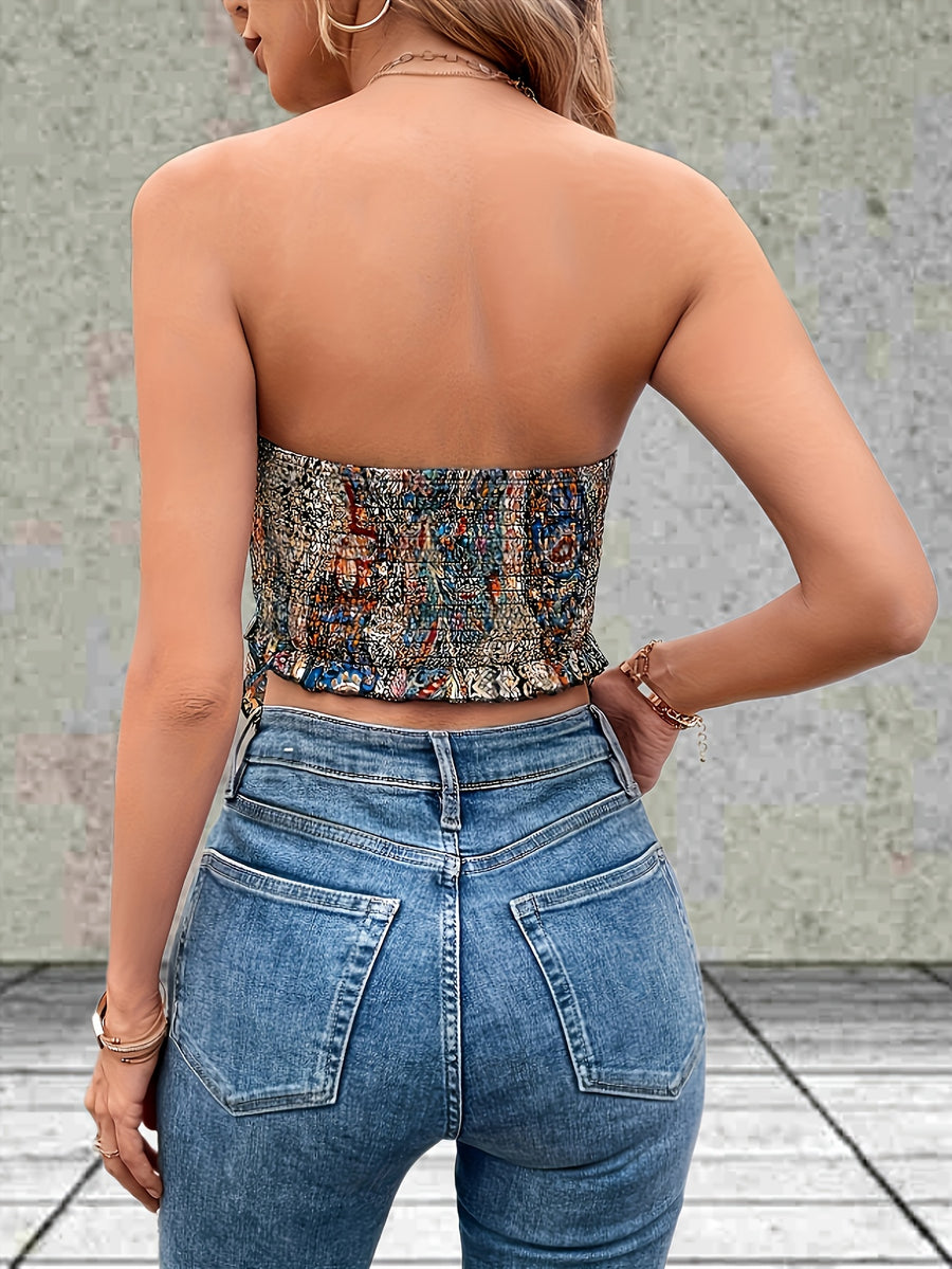 Elegant Strapless Floral Print Vest, Spring And Autumn Lightweight Fashion Top - Multicolor