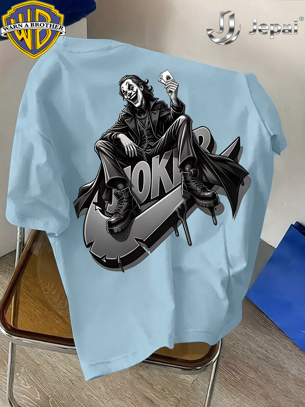 Warner Exclusive, Vintage Street Style DC Joker Themed Print Men's Summer Basic Daily Casual Short-Sleeve Top, Casual Crew Neck Shirt, Suitable for Outdoor Wear, Fitness, Office, and Daily Outfits, an Essential Item for Men's Basic Wardrobe - Light Blue