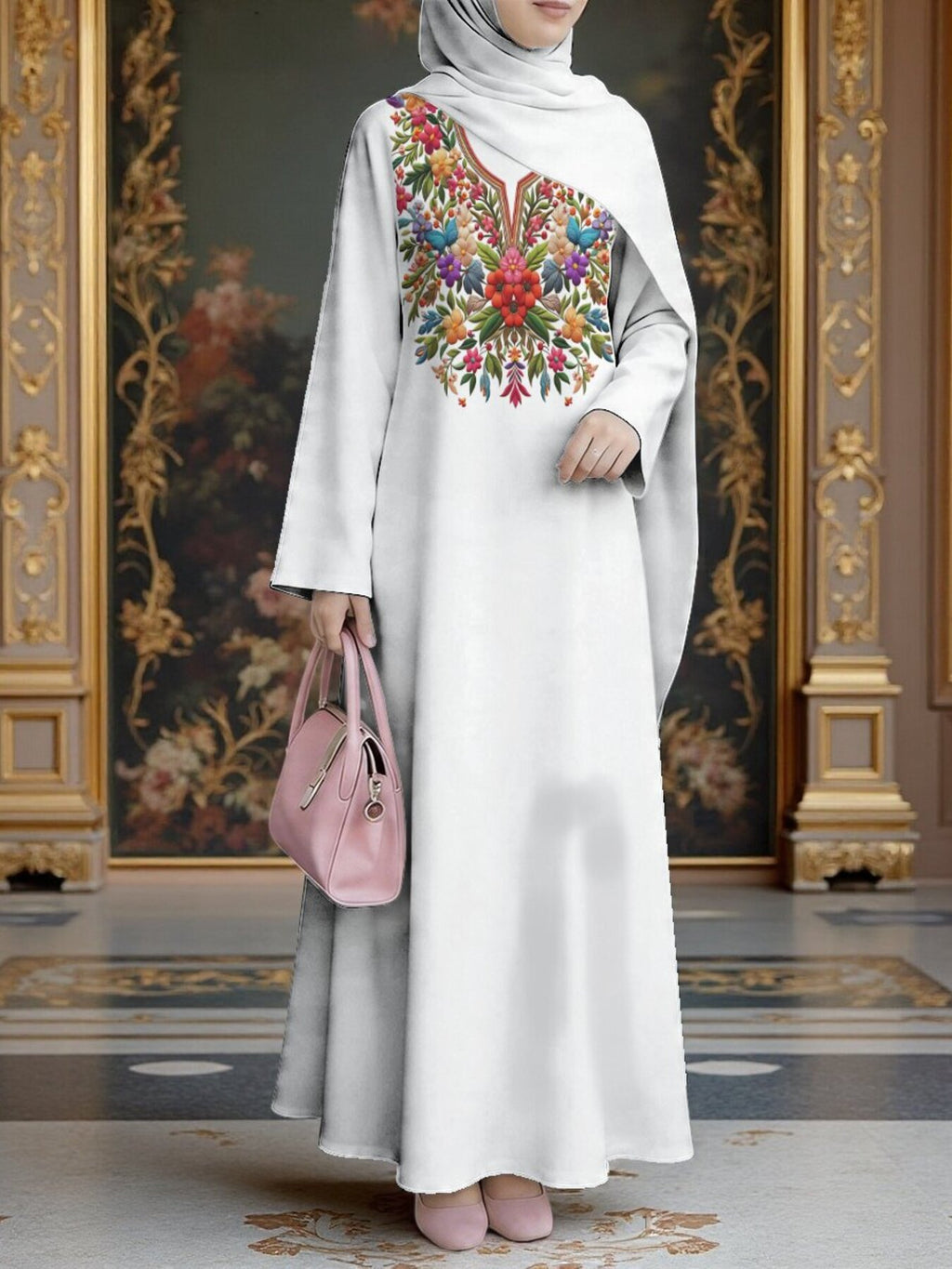 White Collar Multicolor Ethnic Floral Print Abaya for Women, Vibrant Ethnic Style Long Dress, Loose Fit, Suitable for Banquets, Home, Prayer, And Outings, Women'S Clothing, Headscarf Not Included - Mixed colors