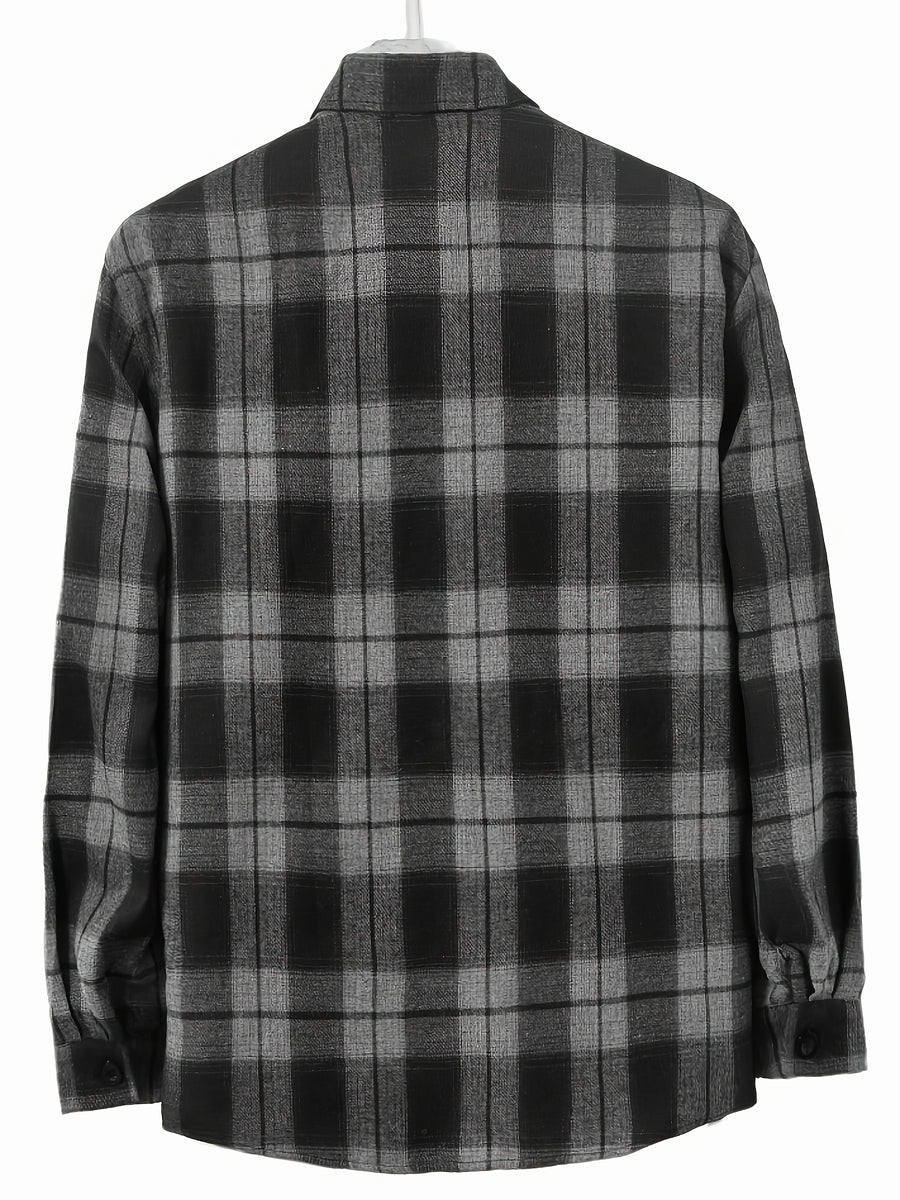 Classic Plaid Flannel Men's Shirt - Soft Long Sleeve Casual Button-Up Versatile Shirt with Pocket | Vintage Style Early Spring/Autumn Layering Piece, Soft Skin-Friendly New Autumn Vintage Plaid Commuter Versatile Top, Stylish Daily Outing Shirt - Black And Gray Grid