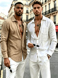 Men's 2pcs Linen Long Sleeve Lapel Shirt, Wrinkle-Resistant, Breathable, Lightweight Pointed Collar Casual Shirt, Chest Pocket Design, Full Button-Front, Loose and Comfortable Fit, Skin-Friendly Soft Quick-Drying Fabric, Solid Color Men's Business - Card + White