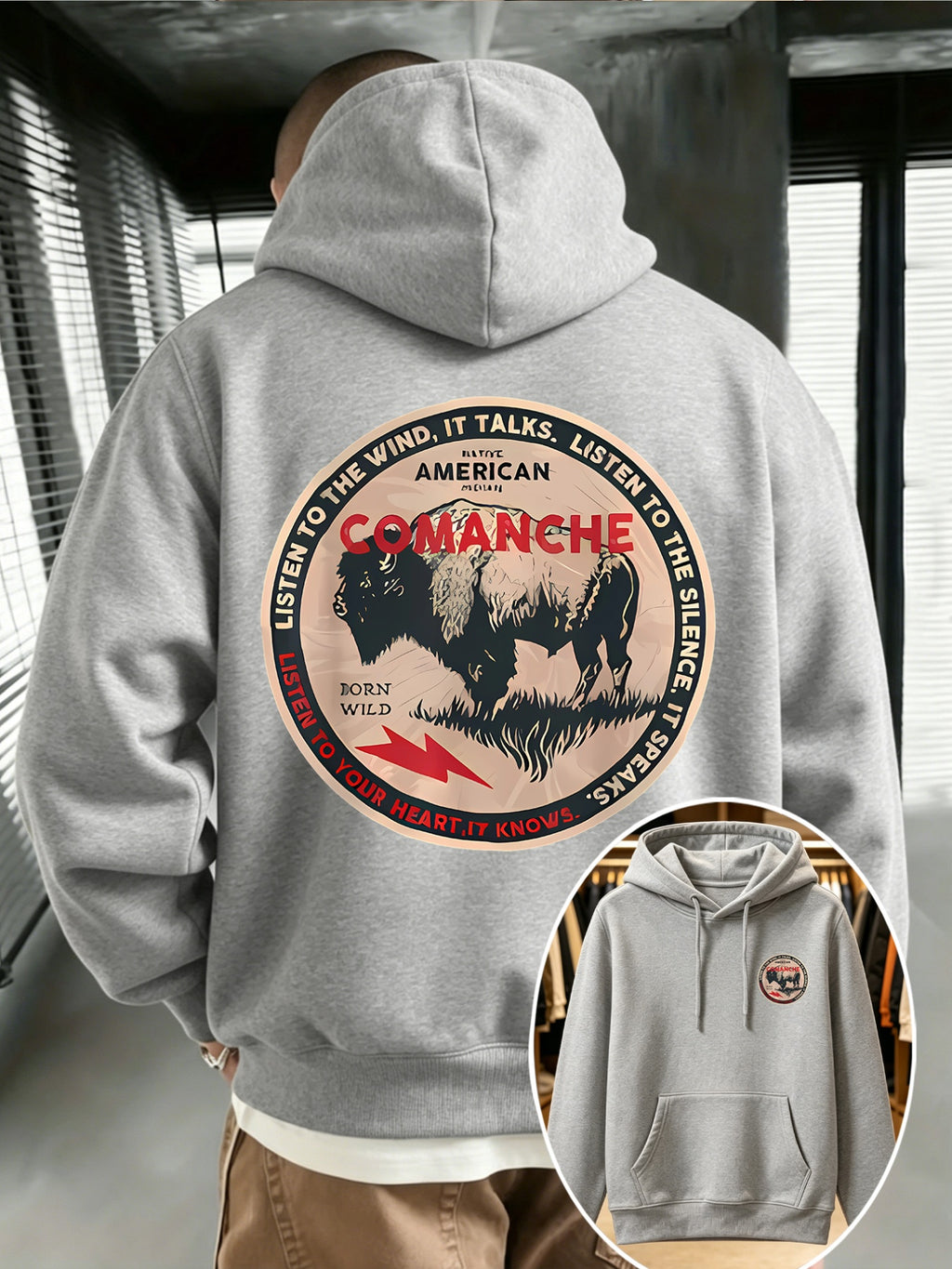 COMANCHE Local American Tribal Round Patchwork: Comanche Tribe Retro Round Badge, Western Niche, Retro Trendy Men'S Sports Hoodie - Regular Fit - Front Kangaroo Pocket, Machine Washable, High-Quality Fabric Suitable for Casual And Sports Wear - Grey