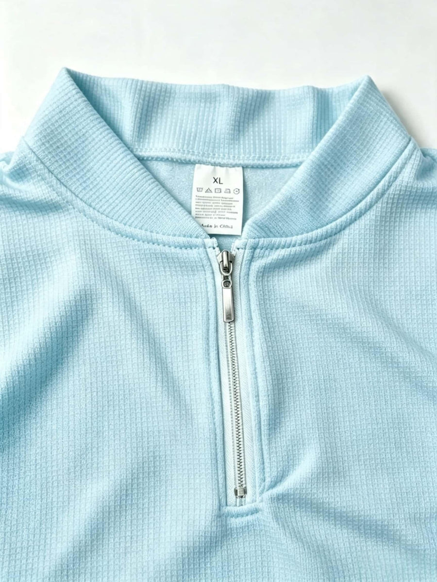 Men's Stand Collar Printed Zipper Short Sleeve T-Shirt for Spring, Autumn, and All Seasons - Baseball Collar, Henley Collar T-Shirt with Minimalist Black Geometric Logo Print, Loose Fit, Comfortable, Stylish, Versatile Street Style, Old Money Style - Sky Blue