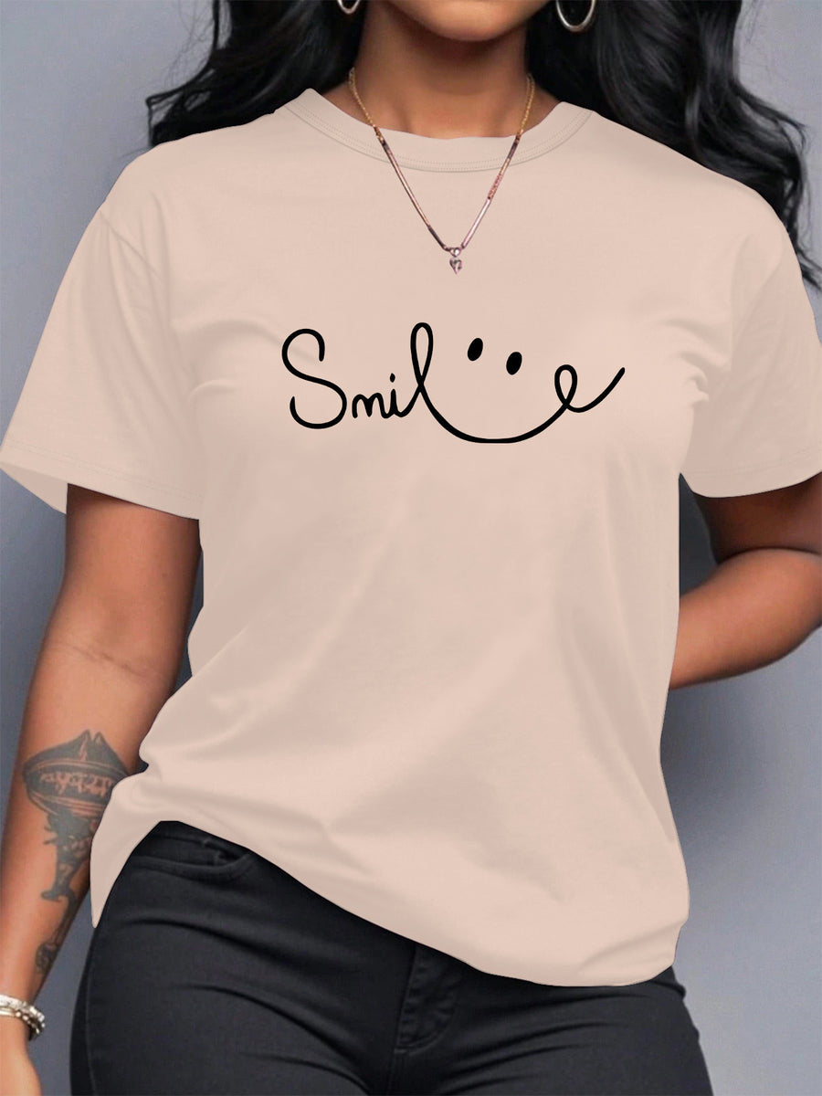 Women's Casual Short Sleeve T-Shirt - Smile Text & Geometric Print, Breathable Round Neck Summer Top, Machine Washable Regular Fit Tee for Casual Attire, Ladies Tshirts, Minimalist Design, Soft Fabric Material - Apricot