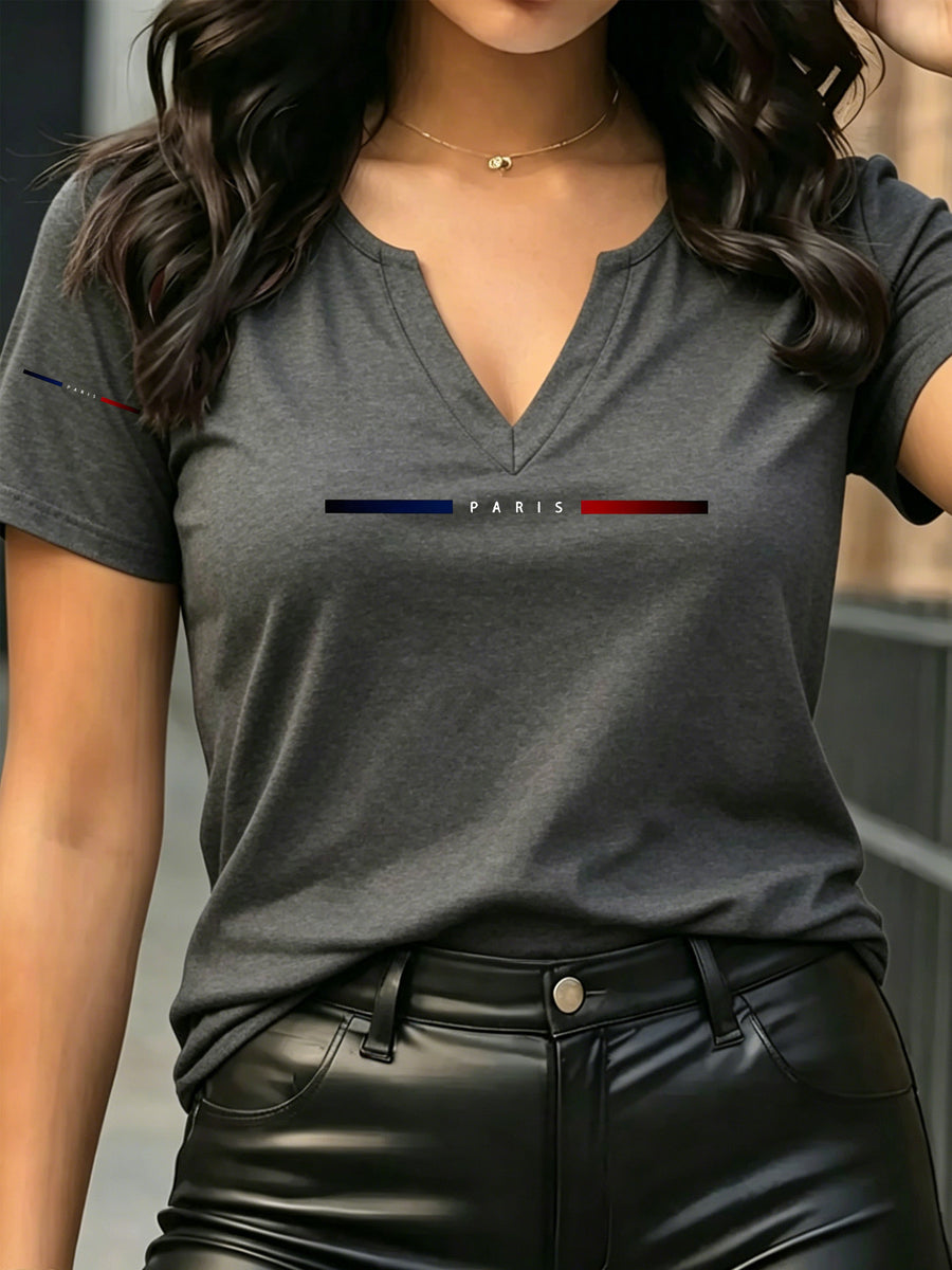 Patterned Printed Women' S V-neck T-shirt Short Sleeves Casual T-shirt Women's Clothing. - Dark Gray