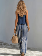 Women'S Autumn Bohemian Style Waist-Cinching Navy Blue And White Striped Wide-Leg Long Pants - Navy Color