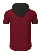 New Summer Shirt with Hooded Men'S Wear, Casual, Loose, Fashionable, Athletic, Home Workout, Camping, Fitness, Beach Shirt, Solid Color, Trendy, Youthful Fashion, Premium, Short Sleeve, Summer Premium Men'S Shirt - Burgundy